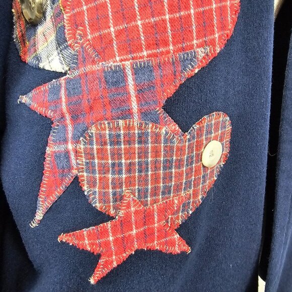 VTG Womens LG Sweater Open Cardigan Jerzees Patchwork Heart Navy Blue Applique - Picture 6 of 16